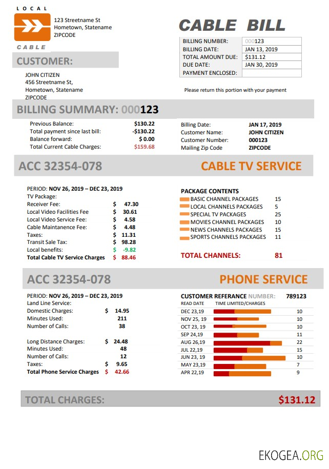 USA Marine Local Cable utility bill template in Word and PDF format (.doc and .pdf)